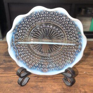 FENTON Moonstone Opalescent Hobnail Divided Condiment Dish 7.5"W